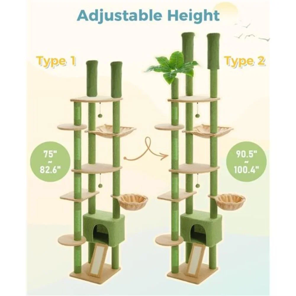 Cat Tree Tower Adjustable with Cat Condo Cat Hammock and Scratching Post, Green